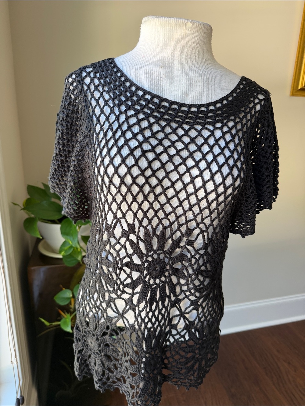 Hand Crafted Black Crochet Floral Mesh Tunic